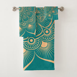 Bohemian Turquoise Peach Mandala Bath Towel Set