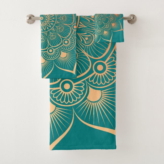 Bohemian Turquoise Peach Mandala Bath Towel Set (Insitu)