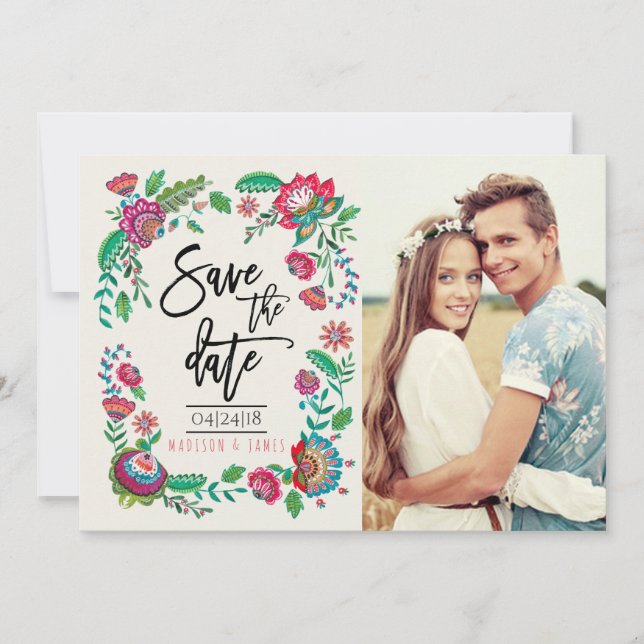 Bohemian Turquoise Stripe Folk Flowers | Photo Save The Date (Front)