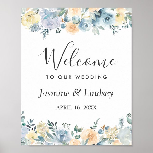 Bohemian Vanilla Blue Floral Wedding Welcome Sign (Front)