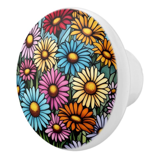 Bohemian Vibrant Daisies - Stained Glass Look Ceramic Knob (Right)