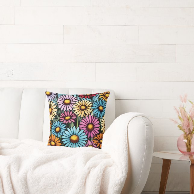 Bohemian Vibrant Daisies - Stained Glass Look Cushion (Couch)