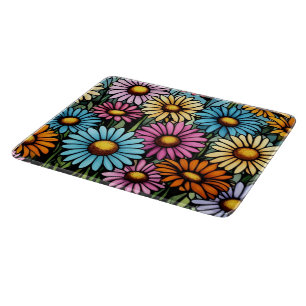 Bohemian Vibrant Daisies - Stained Glass Look Cutting Board