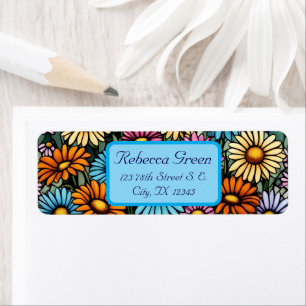 Bohemian Vibrant Daisies - Stained Glass Look Return Address Label