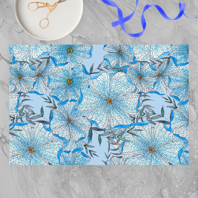 Bohemian Watercolor and Ink Blue Flowers Leaves  Tissue Paper (Creator Uploaded)