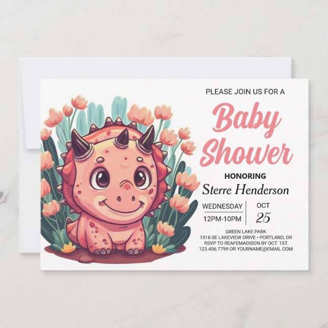 Bohemian Watercolor Dinosaur Girl Baby Shower Invitation (Front)