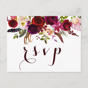 Bohemian Watercolor Floral Autumn Wedding RSVP Invitation Postcard