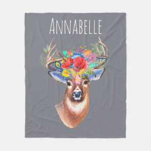 Bohemian Watercolor Floral Deer & Name Fleece Blanket