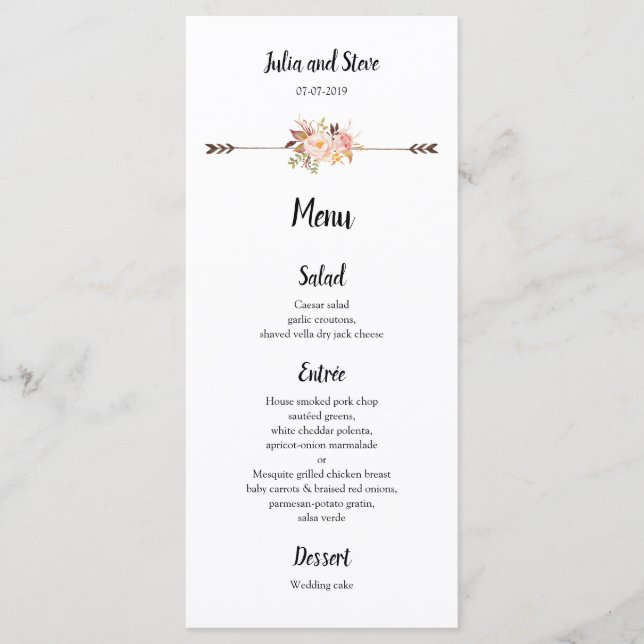 Bohemian Watercolor Flowers Elegant Boho Rackcard Menu (Front)
