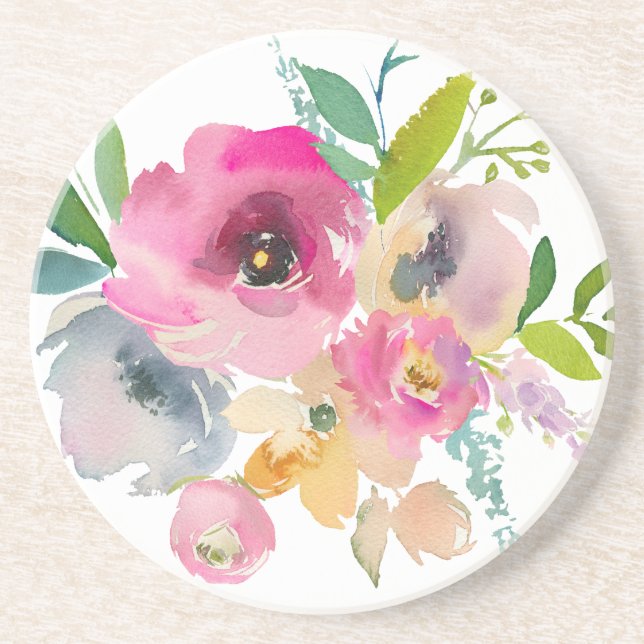 Bohemian Watercolor Pastel Roses Coaster (Front)