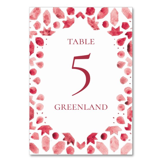 Bohemian Watercolor Red Tile Table Number (Front)