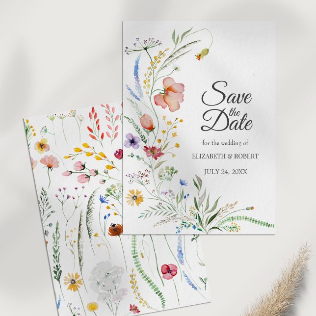 Bohemian Watercolor Wildflowers Save The Date Card (Bohemian Watercolor Wildflowers Save The Date Card on a white table.)