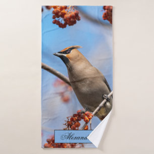 Bohemian Waxwing, Sky Background Bath Towel Set