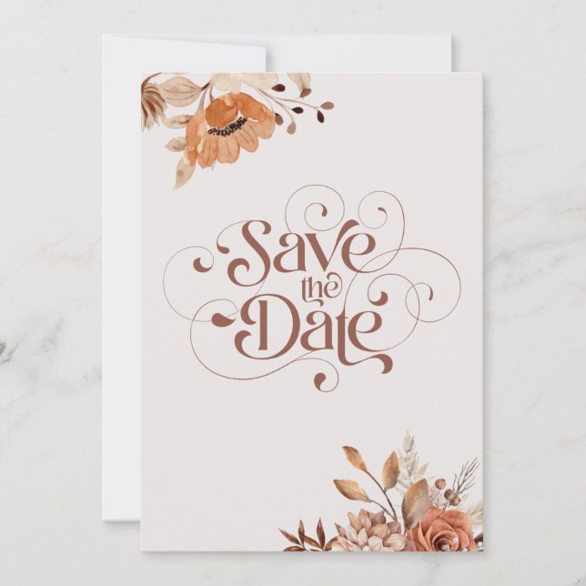 Bohemian whimsical fall rustic flowers wedding  save the date (Front)