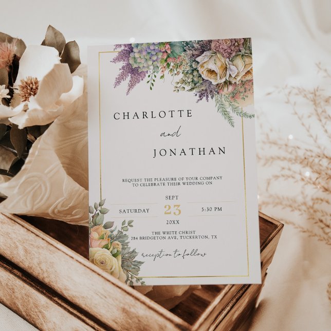Bohemian Whimsical Wildflowers & Gold Wedding Invitation (Creator Uploaded)
