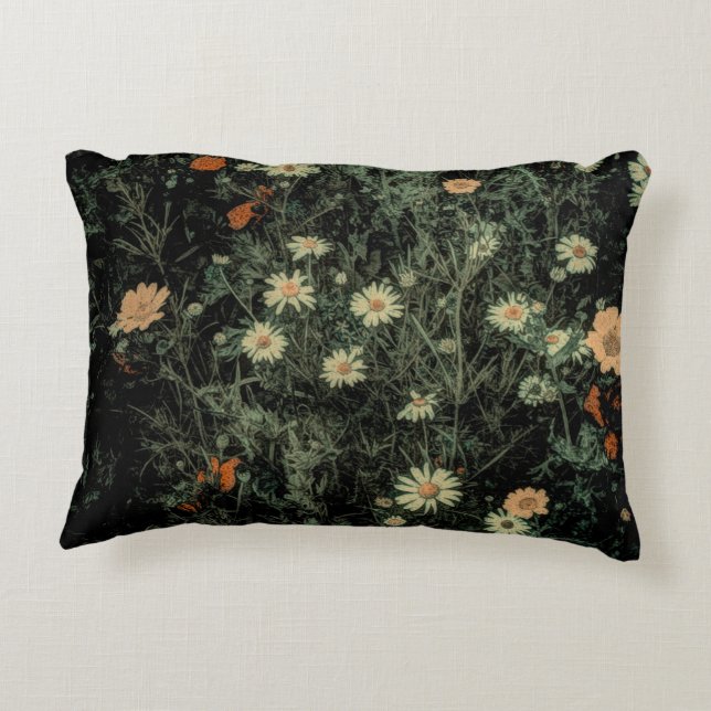 bohemian white daisy wildflower black floral decorative cushion (Back)