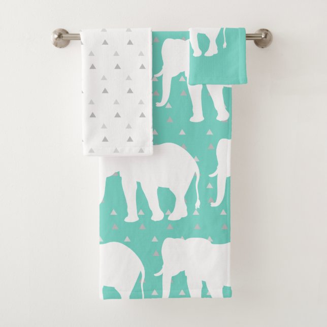 Bohemian White Elephants & Grey Triangles Bath Towel Set (Insitu)