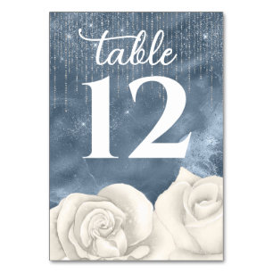 Bohemian White Rose Dusty Blue and Silver Wedding Table Number