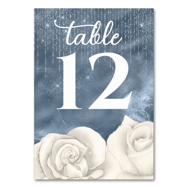 Bohemian White Rose Dusty Blue and Silver Wedding Table Number (Front)