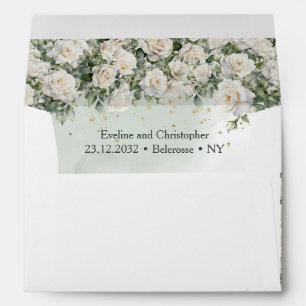 Bohemian white roses and eucalyptus greenery envelope