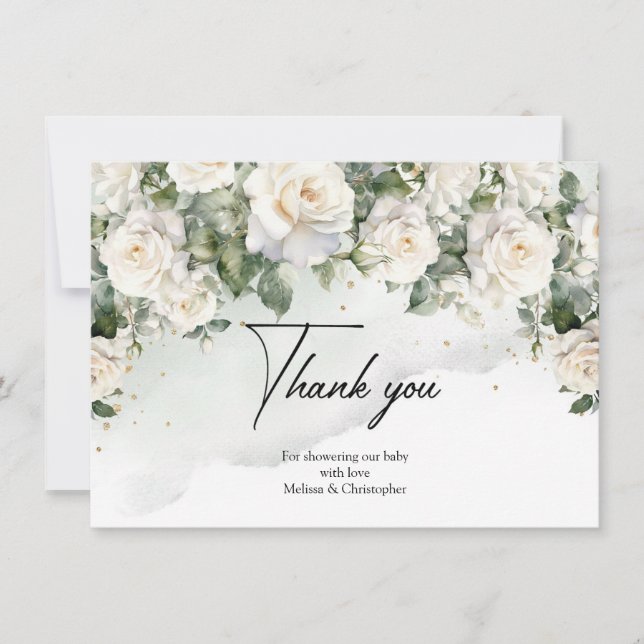 Bohemian white roses eucalyptus green and gold thank you card (Front)