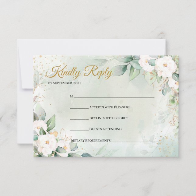 Bohemian white roses greenery eucalyptus gold  RSVP card (Front)