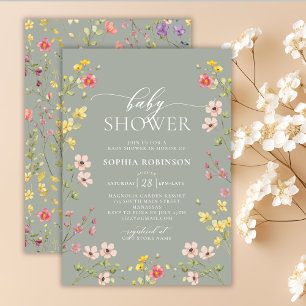 Bohemian Wildflower Girl Green Baby Shower Invitation