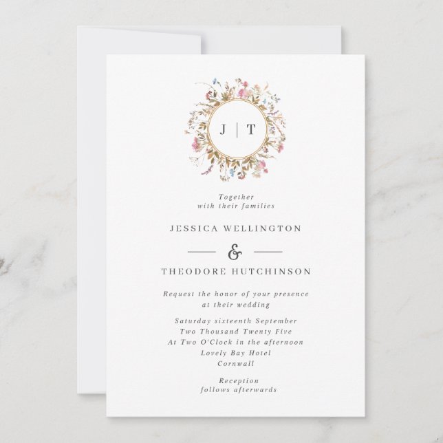Bohemian Wildflower Wreath Monogram Wedding Invitation (Front)