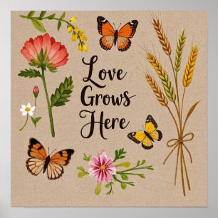 Bohemian Wildflowers, butterflies, wheat stalks Poster