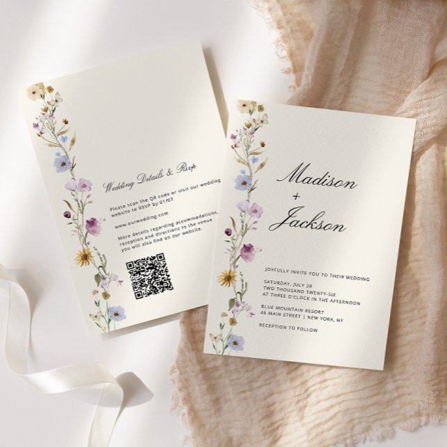 Bohemian Wildflowers Calligraphy Wedding QR Code Invitation (Creator Uploaded)