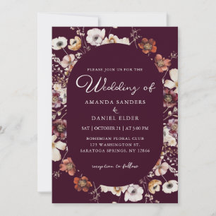 Bohemian Wildflowers Romantic Burgundy Wedding Invitation