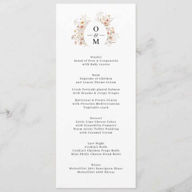 Bohemian Wildflowers Wreath Monogram Wedding Menu (Front)