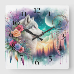 Bohemian Wolf and Dreamcatcher Square Wall Clock