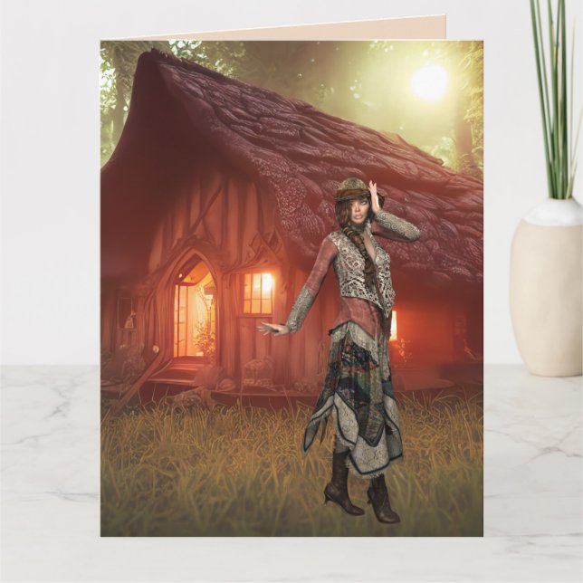BOHEMIAN WOMAN CABIN WOODS ART BIRTHDAY CARDS (Front)