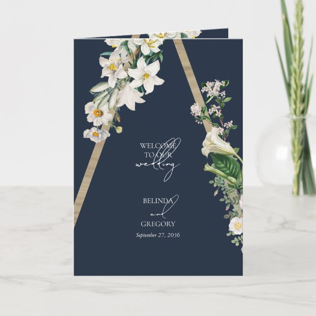 Bohemian Wood Floral Blue Wedding Order of Service Program (Front)