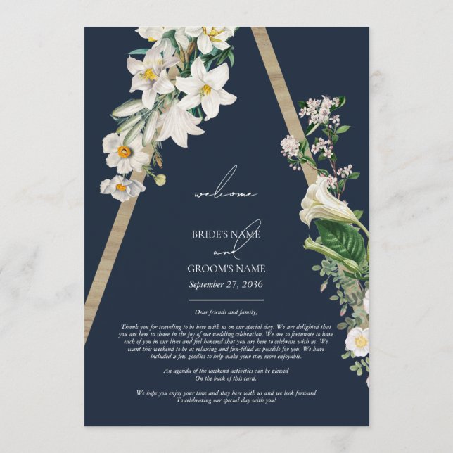 Bohemian Wood Florals Blue Wedding Itinerary Program (Front)