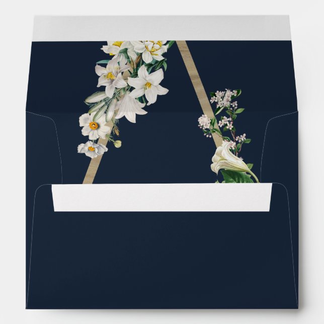 Bohemian Wood Pyramid White Florals Blue Wedding Envelope (Back (Bottom))