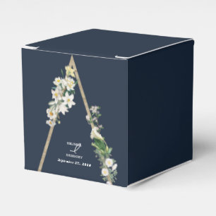 Bohemian Wood Pyramid White Florals Blue Wedding Favour Box