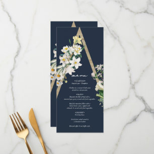 Bohemian Wood Pyramid White Florals Blue Wedding Menu