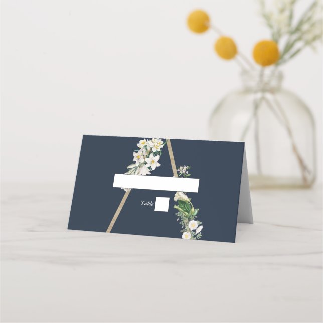Bohemian Wood Pyramid White Florals Blue Wedding Place Card (Front)