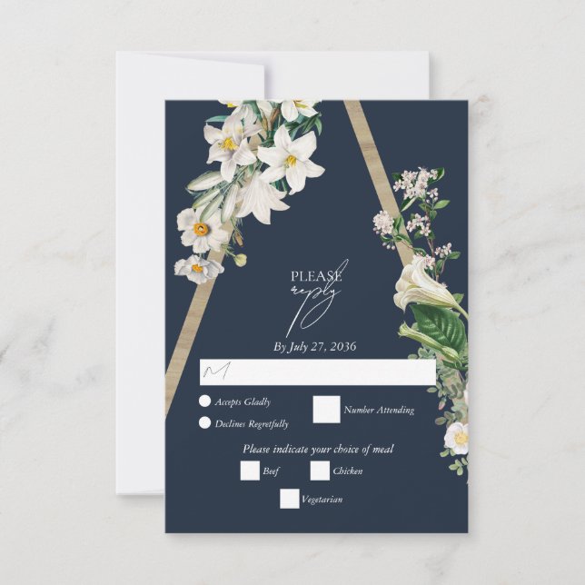 Bohemian Wood Pyramid White Florals Blue Wedding RSVP Card (Front)