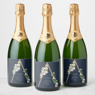 Bohemian Wood Pyramid White Florals Blue Wedding Sparkling Wine Label