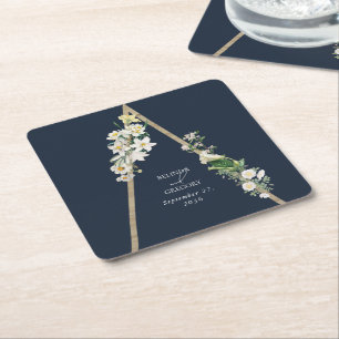 Bohemian Wood Pyramid White Florals Blue Wedding Square Paper Coaster