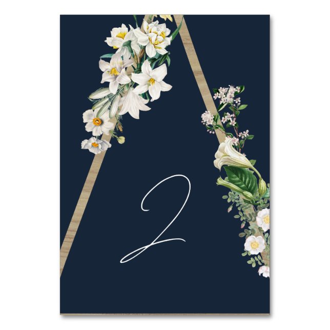 Bohemian Wood Pyramid White Florals Blue Wedding Table Number (Front)