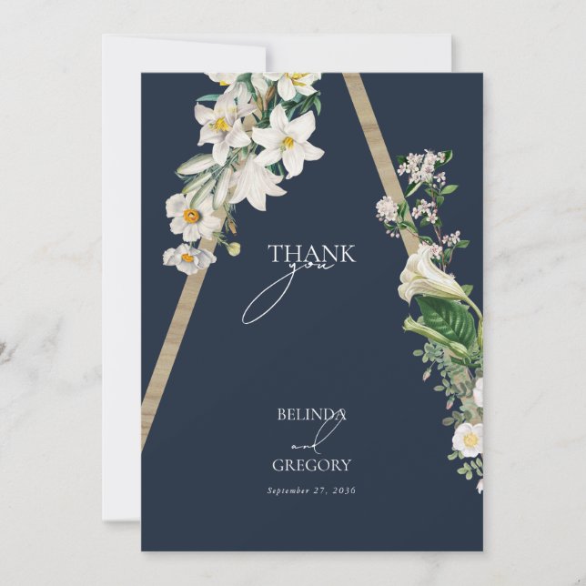 Bohemian Wood Pyramid White Florals Blue Wedding Thank You Card (Front)