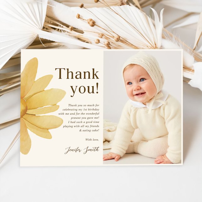 Bohemian Yellow Daisy Floral Birthday Photo Thank You Card (Creator Uploaded)