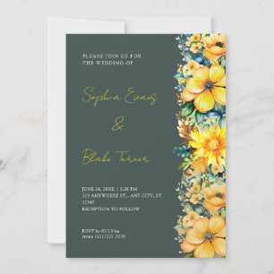Bohemian Yellow Floral Dark Green Wedding Invitation