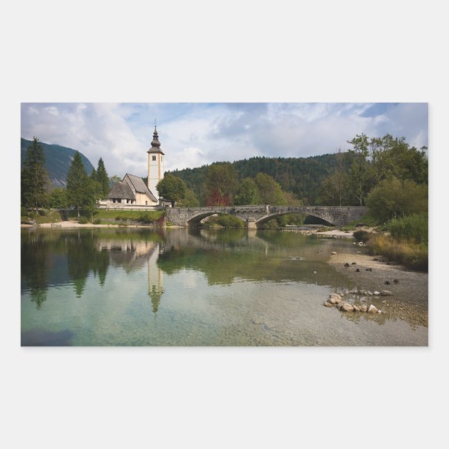 Bohinj lake and church, Slovenia rectangle sticker (Front)