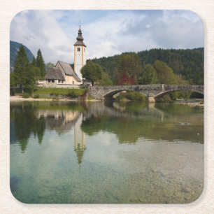 Bohinj lake with church in Slovenia coaster
