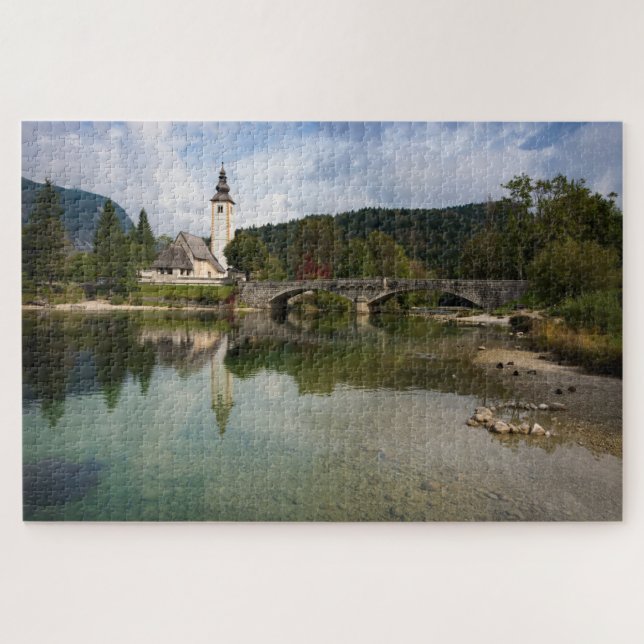 Bohinj lake with church reflection in Slovenia Jigsaw Puzzle (Horizontal)